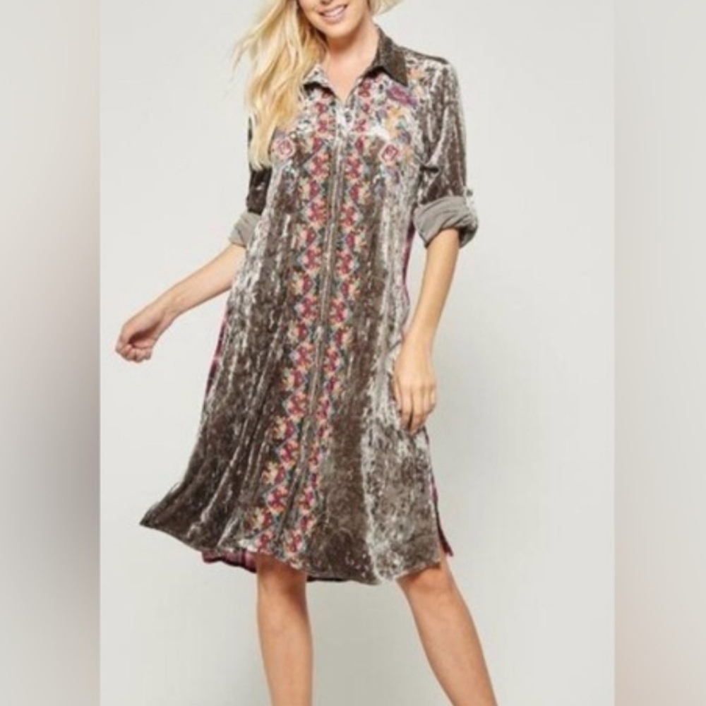 Andree By Unit Velvet Embroidered Duster Dress Plaid Sz M